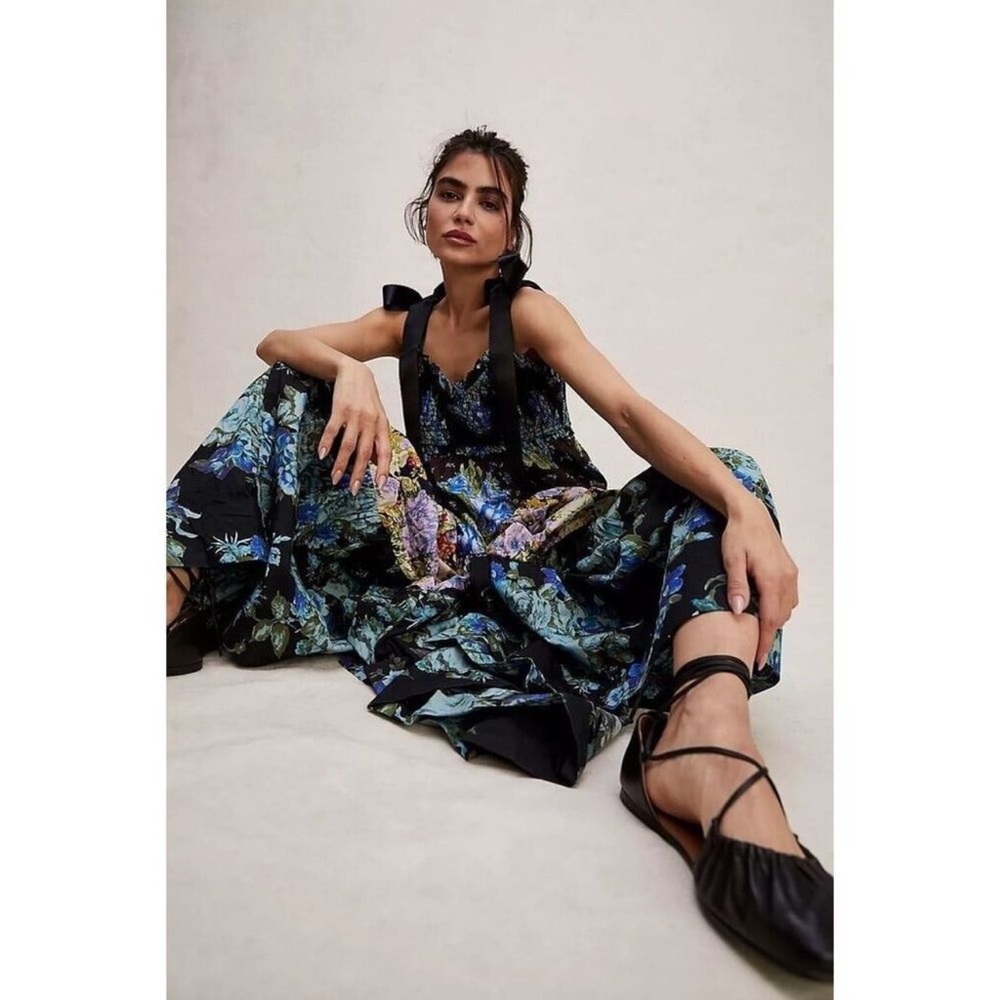 Free People Bluebell Boho Maxi Dress Ribbon Straps Floral Cool Combo - Picture 5 of 16